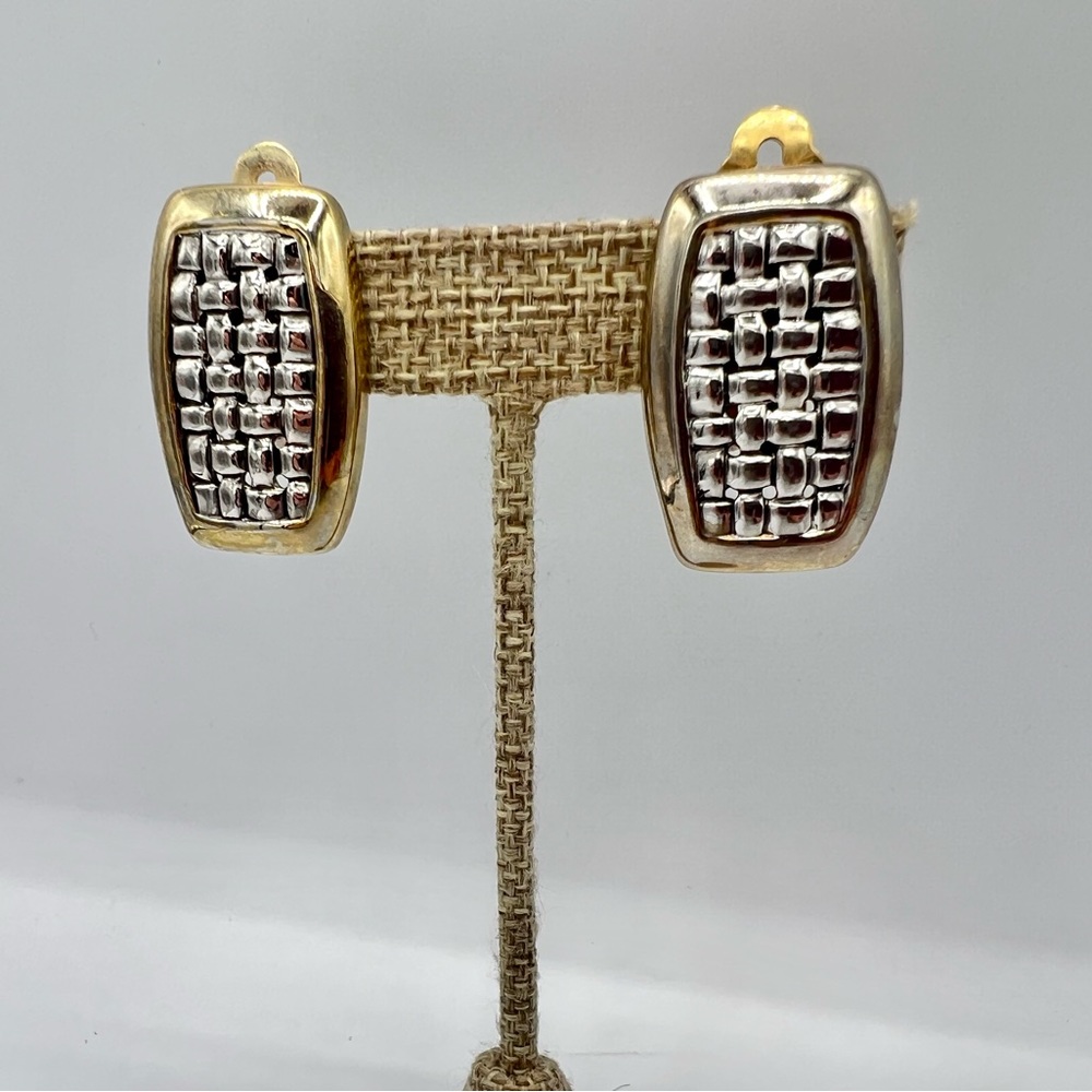Chunky vintage clip on earrings silver gold basket weave 1.25”